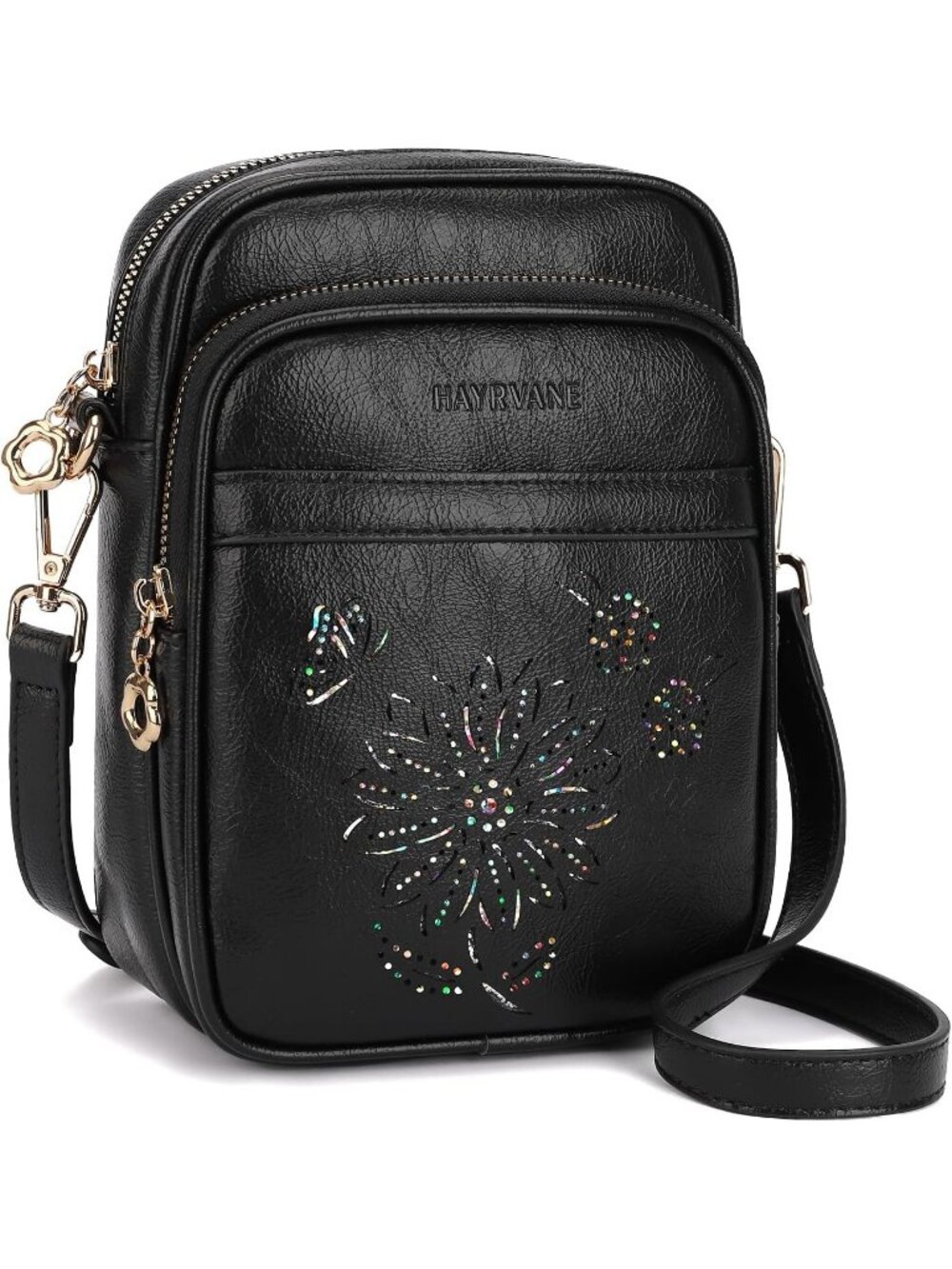 Women Black RFID Phone Purse With Card Slots 3 Compartments Crossbody Bag